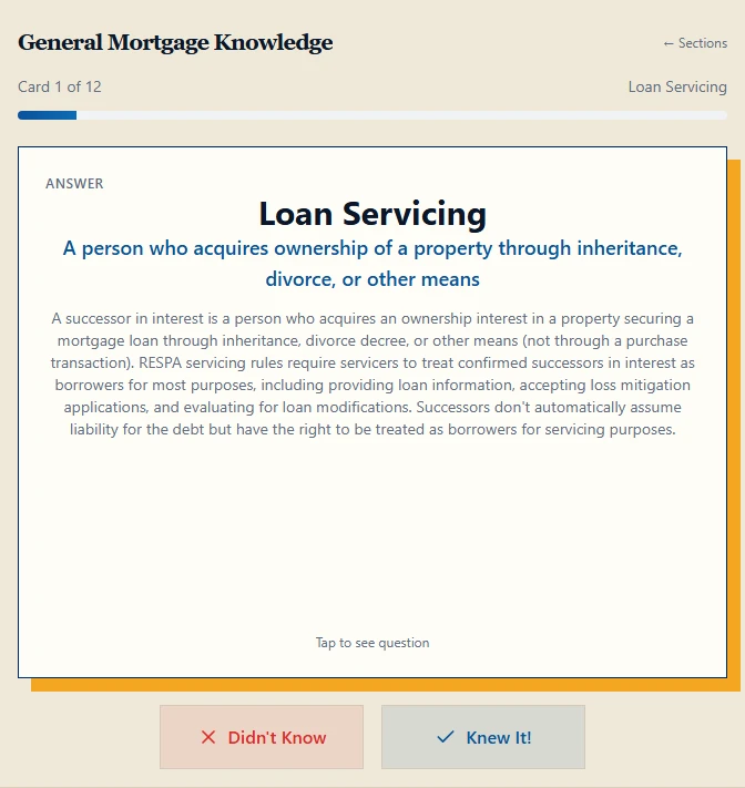 A mortgage flashcard with its answer revealed, an explanation, card progress, and controls to mark whether you knew the answer.