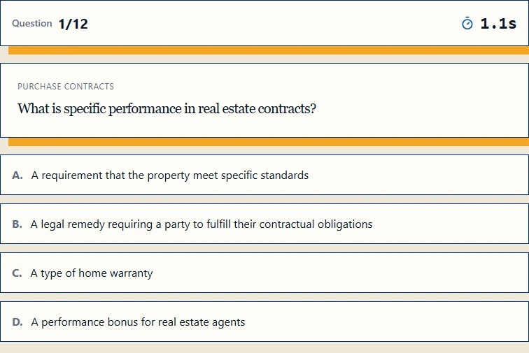 A Speed Quiz mortgage question with four answer choices, progress at question 1 of 12, and an answer timer.