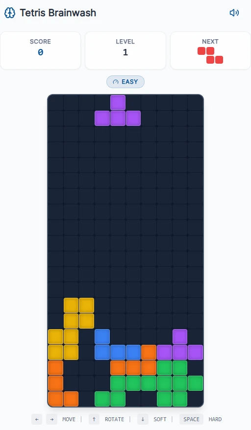 Tetris Brainwash gameplay with falling blocks, a next-piece preview, score, and level.